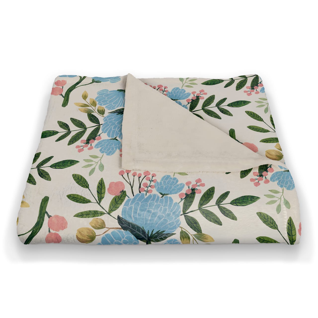 White Throw Blanket with Blue Floral Pattern